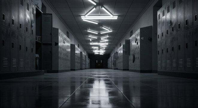 Low-angle perspective down a dark and deserted school hallway lined with lockers, creating a spooky and suspenseful atmosphere - Powered by Adobe