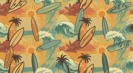 Retro summer surf pattern featuring surfboards, palm trees and waves illustration
