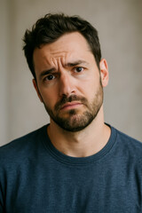 Fototapeta premium Young man with serious expression looking directly at camera