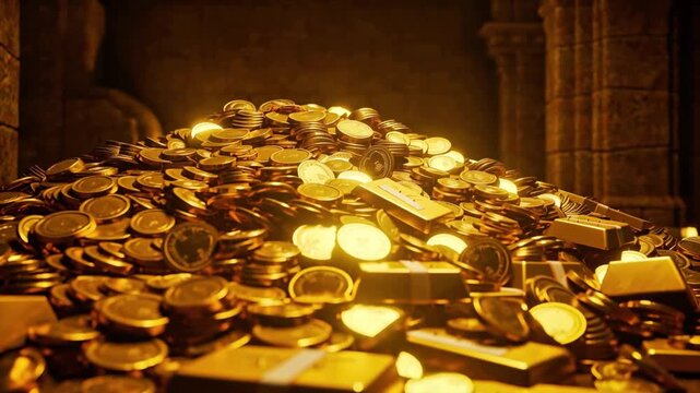 Treasure pile glowing in dark stone chamber