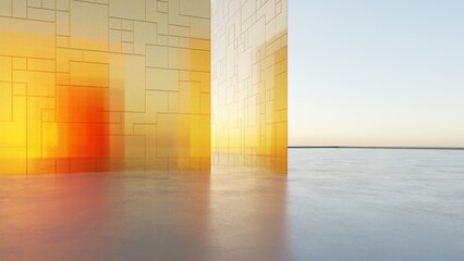 3d render of abstract architecture background, Minimal geometry architectural, Steel panel architectural design,Geometric metal building, Empty concrete floor for car presentation