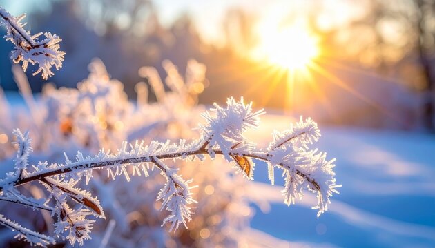 frozen twigs in hoarfrost glisten in the sun. winter landscape with sun flare - Powered by Adobe