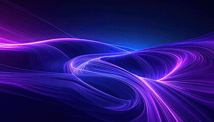 Abstract flowing lines of glowing purple and blue light trails forming a dynamic wave pattern on a dark background creating a sense of futuristic motion and energy