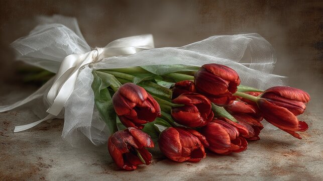 Elegant bouquet of vibrant red tulips tied with white ribbon, perfect for romantic occasions and special events
