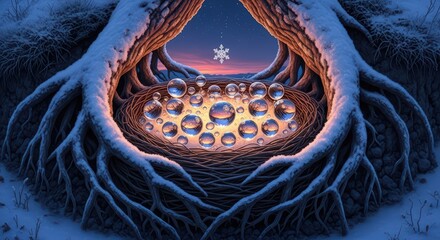 A winter scene with a nest of glowing bubbles under a snowflake and snowy tree roots framing it