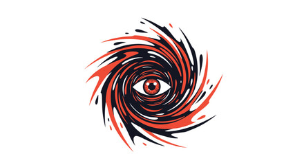 An abstract swirling vortex of black and orange colors with a red eye at its center forming a cosmic and mysterious visual.