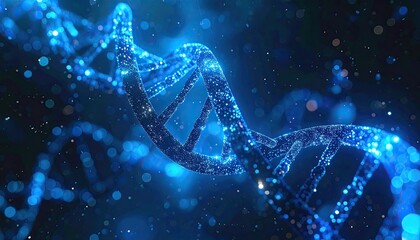 Abstract glowing blue dna helix molecule structure with shimmering particles and bokeh lights on dark background representing biotechnology science and genetics discovery