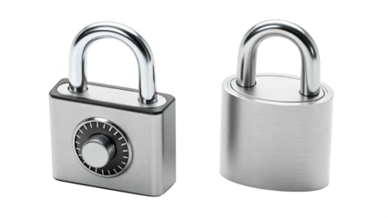 Two metal padlocks isolated on transparent background, one with combination dial