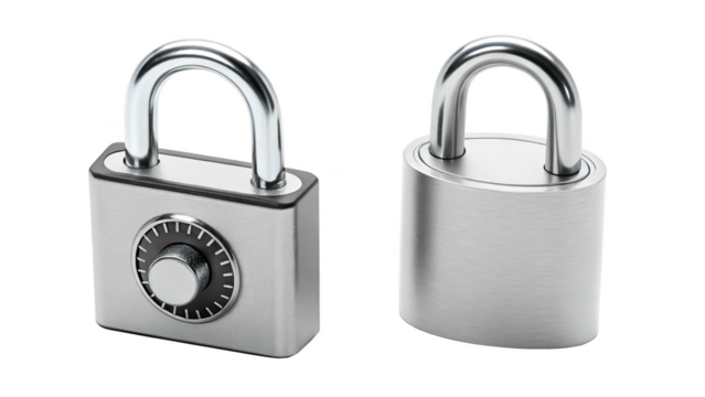 Two metal padlocks isolated on transparent background, one with combination dial