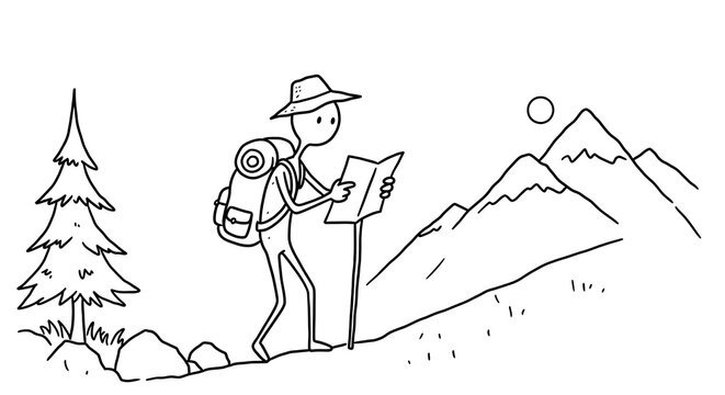 Hiker Reads Map in Mountain Landscape