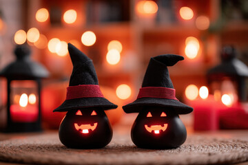 Black halloween pumpkins in black hats on lights background