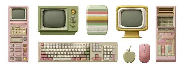 Vintage Technology Collection with Retro Colors and Unique Shapes Isolated