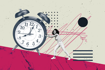 Full 3d art pop image collage of puzzled girl push alarm clock expire limit countdown deadline pressure regime timetable