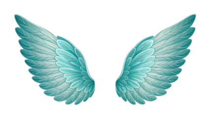 Pair of teal angel wings isolated on transparent background, digital illustration