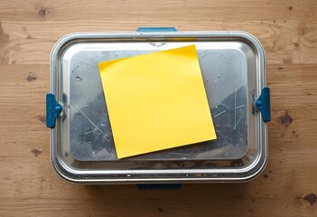 A blank yellow sticky note mockup is attached to an old tiffin box