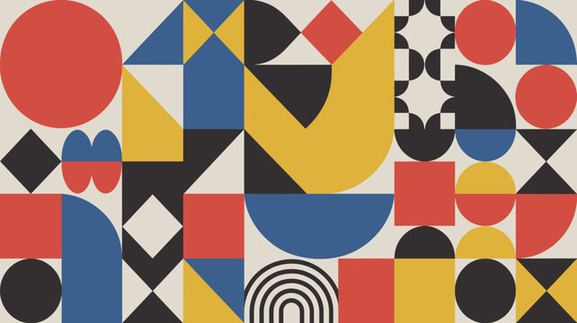 Geometric pattern with circles squares triangles and semicircles in red yellow blue and black colors