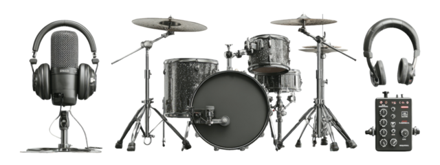 Professional Drumming Equipment Set with Microphone and Headphones on White