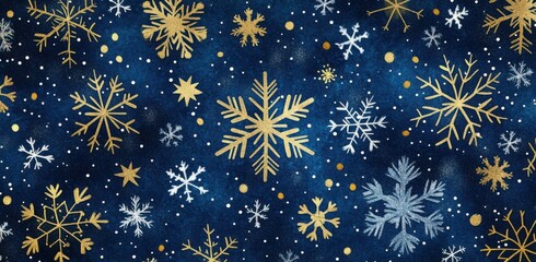 Elegant blue and gold snowflakes pattern on dark background, perfect for winter and holiday themes