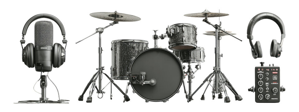 Professional Drumming Equipment Set with Microphone and Headphones on White