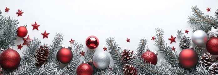 Christmas garland border featuring red and silver ornaments with frosted pine branches and star decorations on a white background