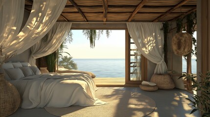 Tropical bedroom with a beautiful vast ocean view from a luxury travel resort balcony