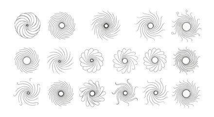 Fototapeta premium Collection of abstract circular graphic design elements resembling swirling vortex patterns and radial bursts.