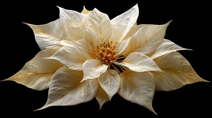 Elegant white poinsettia flower with golden accents against black background, perfect for holiday designs and seasonal marketing campaigns