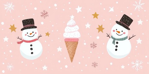 Whimsical winter scene with cheerful snowmen and delicious ice cream cone on pastel pink background adorned with snowflakes and stars