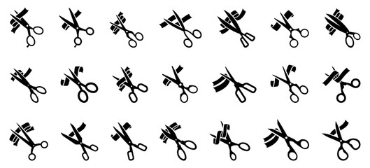 Scissors icon collection with ribbon cutting symbols. Set of black silhouettes representing grand opening, ceremony, and event start