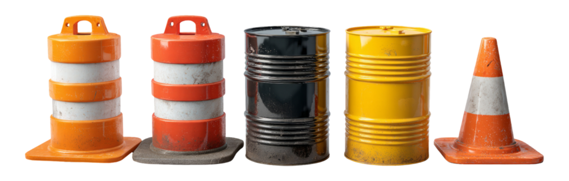 Isolated Set of Traffic Cones, Barrels, and Safety Equipment on Transparent Background