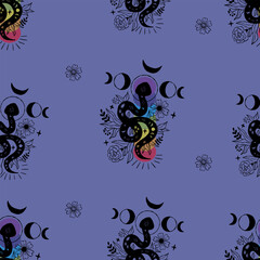 Mystical Seamless Pattern with Black Snake Kundalini with Colorful Chakra, Moon Phase and Flowers on Dark Blue Background. Repeating Textured Hand Drawing Doodle Template. Vector illustration. Not AI