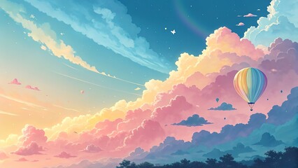 Hot air balloon flying amidst pastel pink and blue clouds in dreamy sky, with stars, birds, and rainbow, ideal for travel, adventure, or whimsical scene concept.