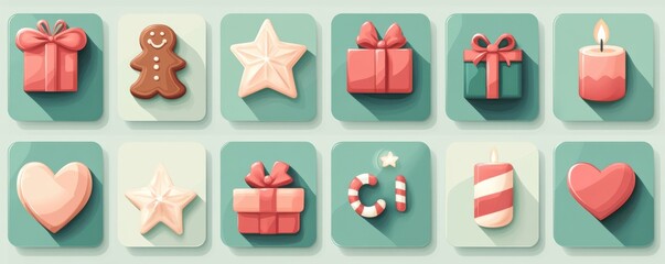 Festive Christmas icons collection featuring gifts, gingerbread, stars, and candles in a soft color palette, perfect for holiday-themed designs and seasonal decorations
