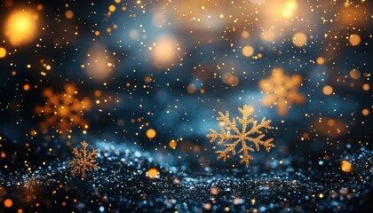 Festive golden bokeh lights and glittering snowflakes create a magical winter background ideal for holiday celebrations or seasonal greetings cards