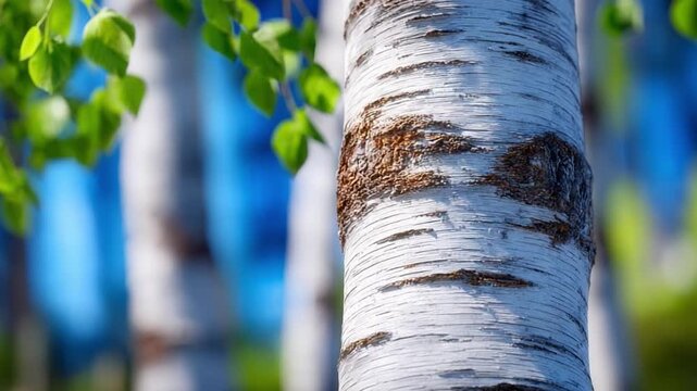 Birch Tree Forest:  A detailed view of the textured bark of a majestic birch tree,  with fresh green leaves. The pristine white and dark of the bark are in contrast with the blurred greenery.