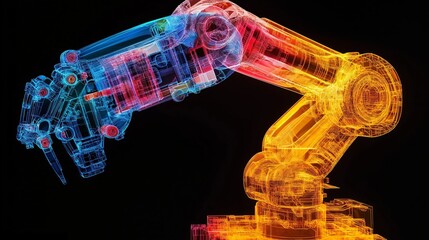 Industrial robotic arm in a transparent blue and red wireframe, showcasing internal mechanisms