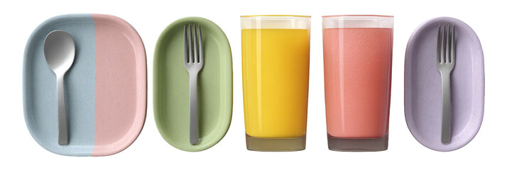Obraz premium Colorful Kitchenware: Plates and Glasses with Utensils on Transparent Background
