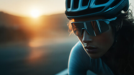 Female cyclist in helmet and sunglasses rides at sunrise, focused and determined expression.
