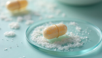 Probiotic capsule with visible powdery texture on laboratory glass setting for healthy lifestyle
