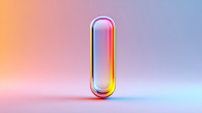 Captivating abstract iridescent capsule shape glows with vibrant rainbow light on a soft gradient background, modern design element