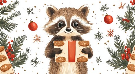 Festive raccoon holding a holiday cracker surrounded by Christmas decorations and pine branches