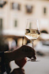 Hand Holding Wine Glass with City Reflection