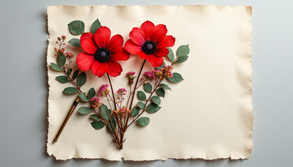 Pressed botanical composition forming heart shape with red anemones and eucalyptus on textured watercolor paper