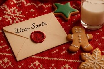 Letter to Santa with wax seal, gingerbread cookies and glass of milk on red knitted background.