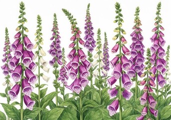 Naklejka premium Beautifully Illustrated Foxglove Flowers with Vibrant Purple and White Blooms in Garden Setting