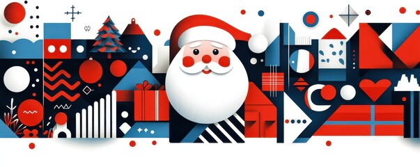 Stylized Christmas illustration featuring Santa Claus with geometric patterns and festive symbols