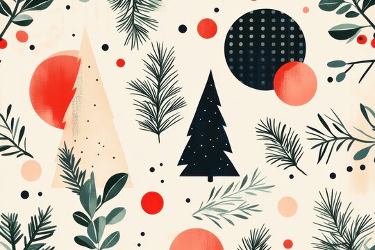 Stylish Christmas pattern featuring holly and pine tree elements with a modern design in red, black, and green tones, perfect for holiday-themed decorations and festive celebrations.