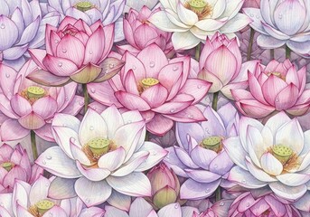 Beautiful close-up of blooming lotus flowers in shades of pink, white, and purple with droplets