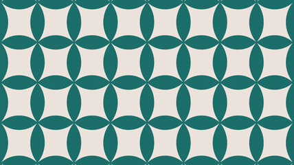A seamless pattern of teal petal shapes surrounding tan squares in a repeating geometric design