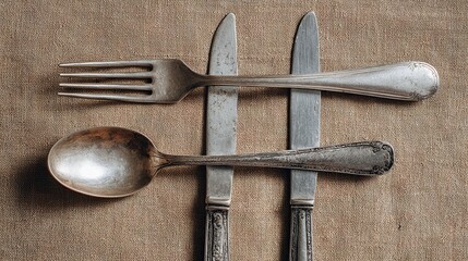 Vintage silverware set laid out artfully on textured burlap, evoking rustic elegance and timeless dining experiences